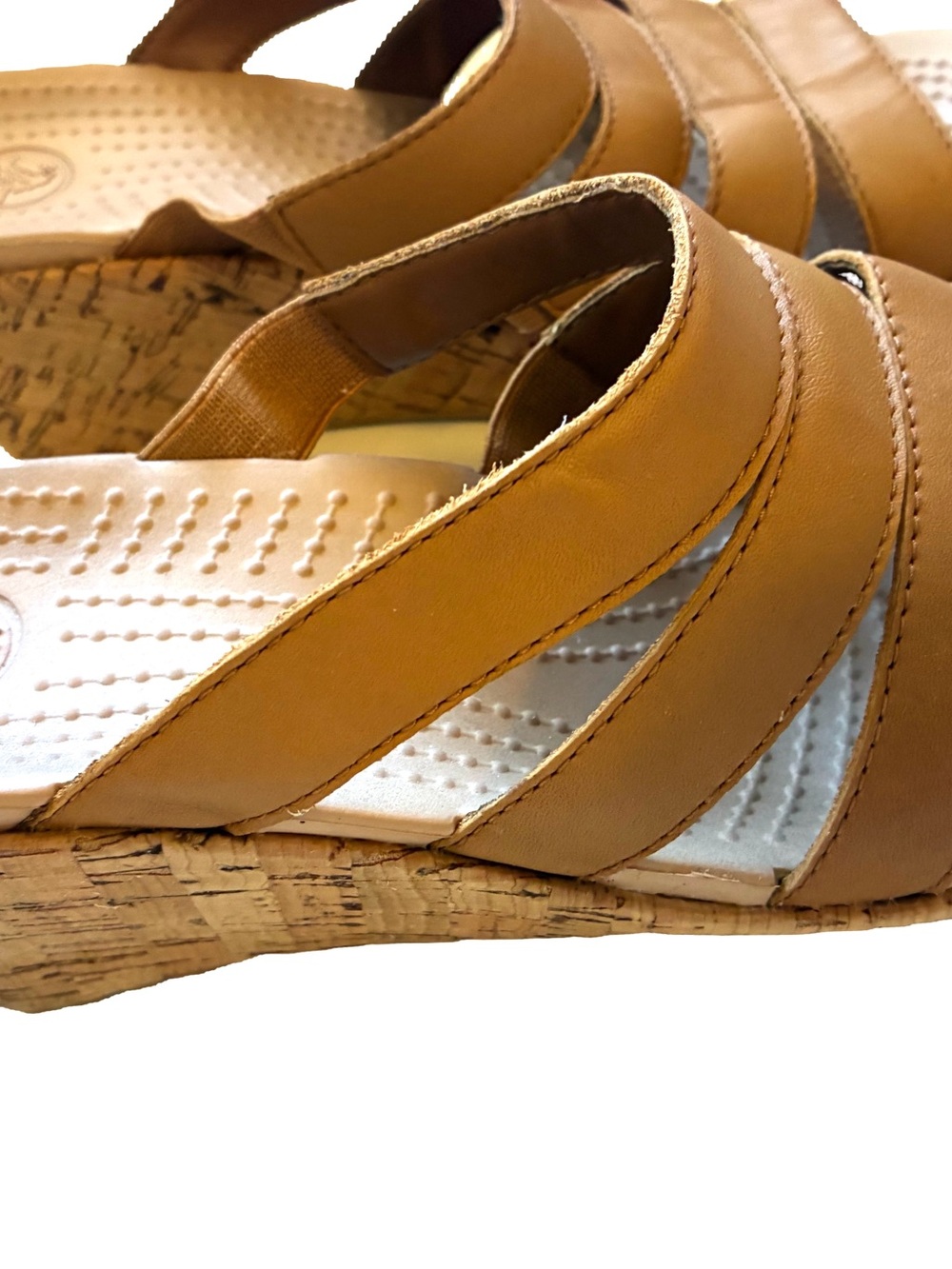CROCS Aleigh Women's Leather Cork Wedge Slide Sandals Cocoa tan